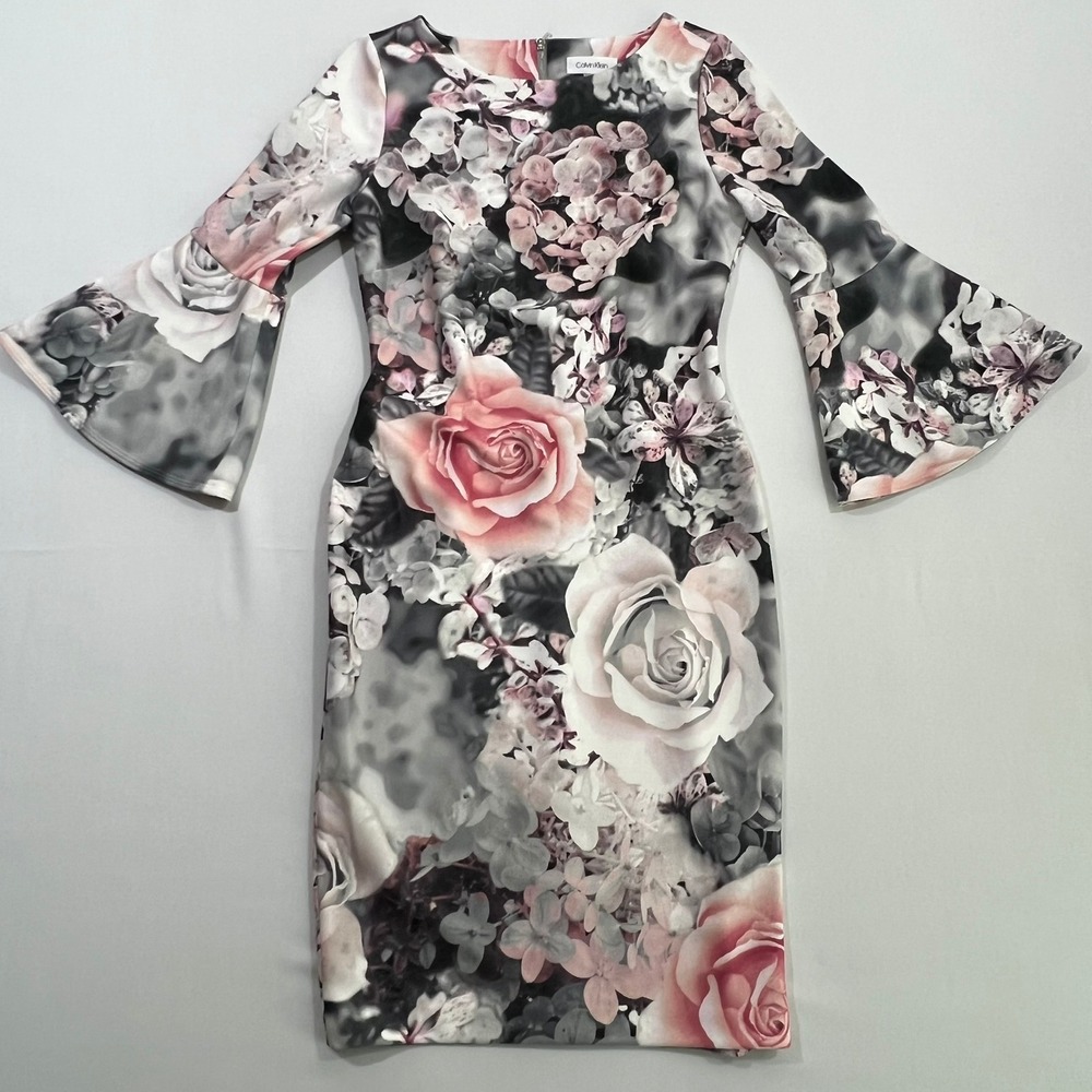 Calvin Klein Womens Dress Size 2 Pink Grey Rose Floral Scuba Bell Sleeve Sheath